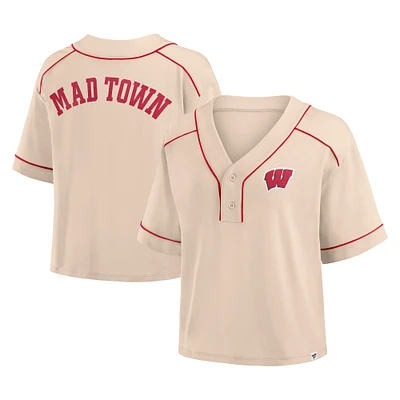 Women's Fanatics Tan Wisconsin Badgers Oversized Dominant Force Cropped V-Neck T-Shirt