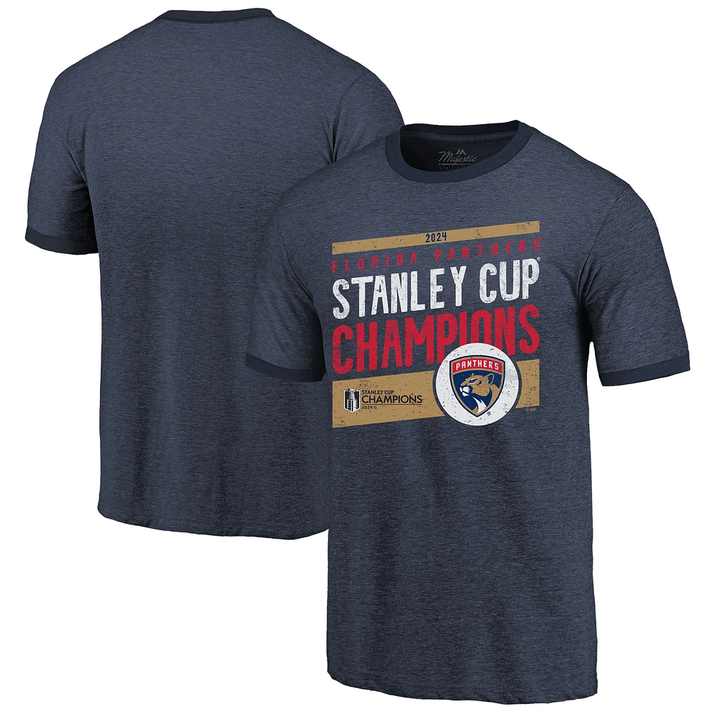 Men's Majestic Threads  Navy Florida Panthers 2024 Stanley Cup Champions Tri-Blend Ringer T-Shirt