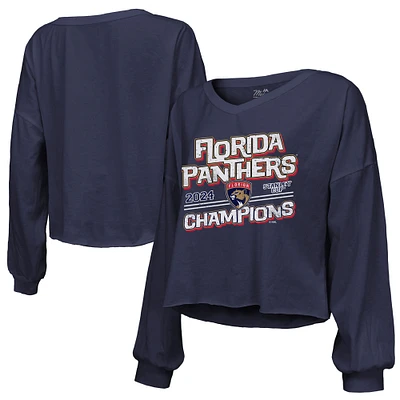 Women's Majestic Threads  Navy Florida Panthers 2024 Stanley Cup Champions Off-Shoulder Long Sleeve V-Neck T-Shirt