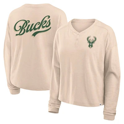 Women's Fanatics Natural Milwaukee Bucks Boxed Out Drop Fashion Long Sleeve T-Shirt