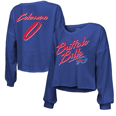 Women's Majestic Threads Keon Coleman Royal Buffalo Bills Name & Number Off-Shoulder Script Cropped Long Sleeve V-Neck T-Shirt