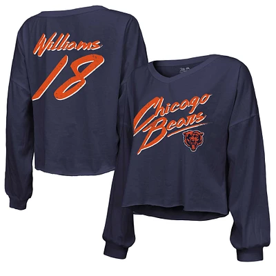 Women's Majestic Threads Caleb Williams Navy Chicago Bears Name & Number Off-Shoulder Script Cropped Long Sleeve V-Neck T-Shirt