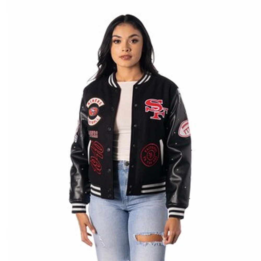 Women's The Wild Collective Black San Francisco 49ers Varsity Full-Snap Sparkle Jacket