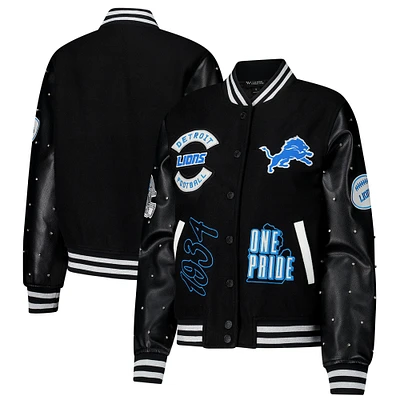 Women's The Wild Collective Black Detroit Lions Sparkle Full-Snap Varsity Jacket