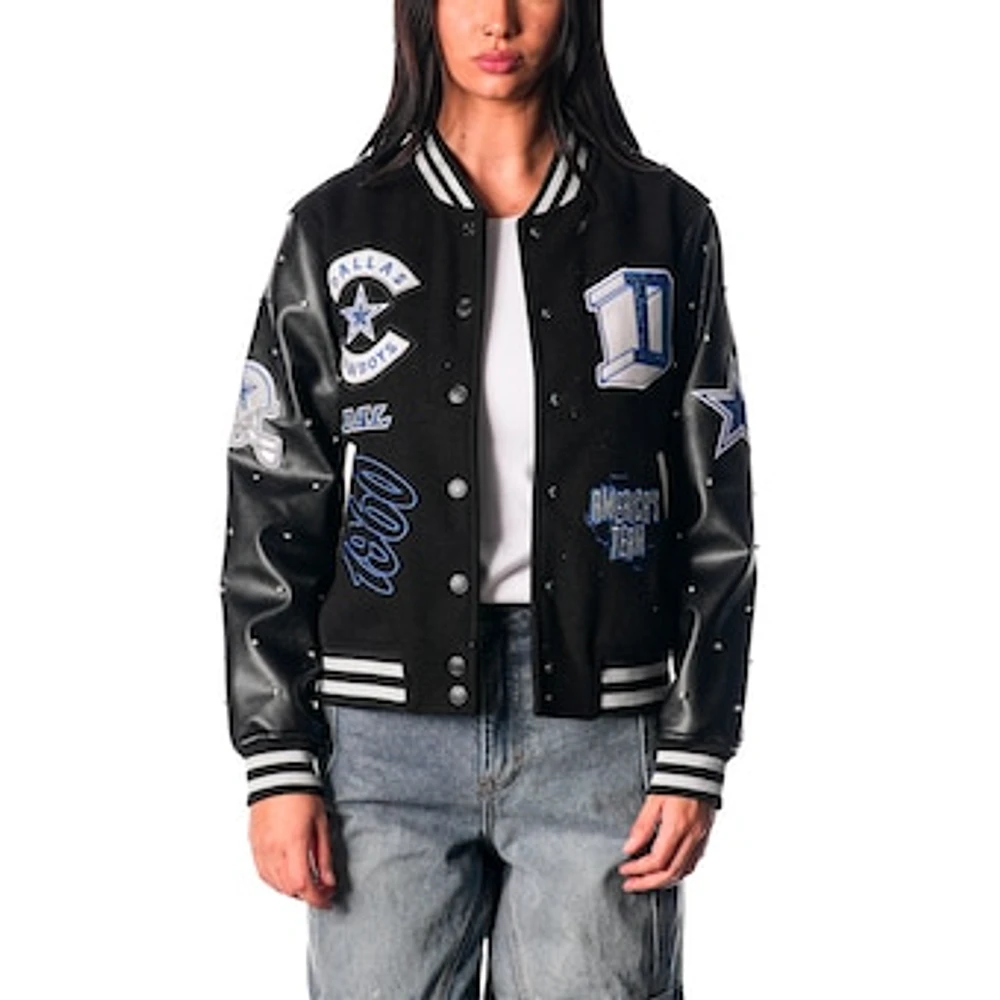 Women's The Wild Collective Black Dallas Cowboys Varsity Full-Snap Sparkle Jacket