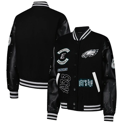 Women's The Wild Collective Black Philadelphia Eagles Varsity Full-Snap Sparkle Jacket