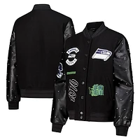 Women's The Wild Collective Black Seattle Seahawks Varsity Full-Snap Sparkle Jacket