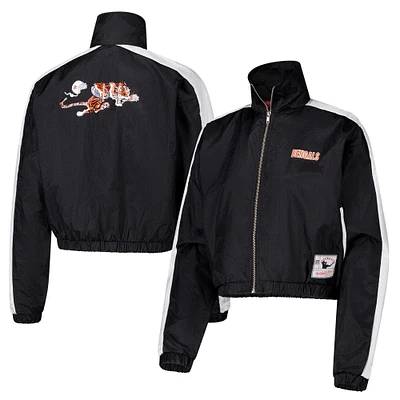 Women's Mitchell & Ness Black Cincinnati Bengals Nylon Cropped Full-Zip Jacket