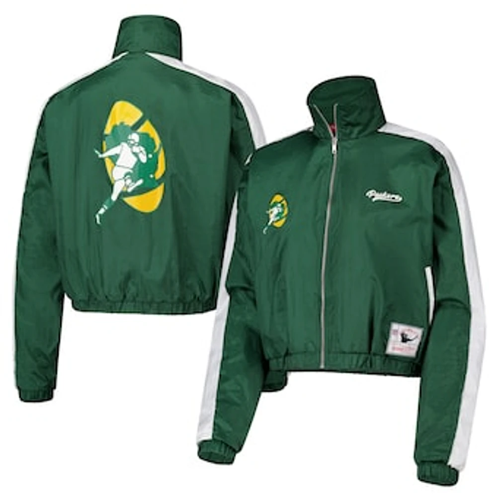 Women's Mitchell & Ness Green Bay Packers Nylon Cropped Full-Zip Jacket