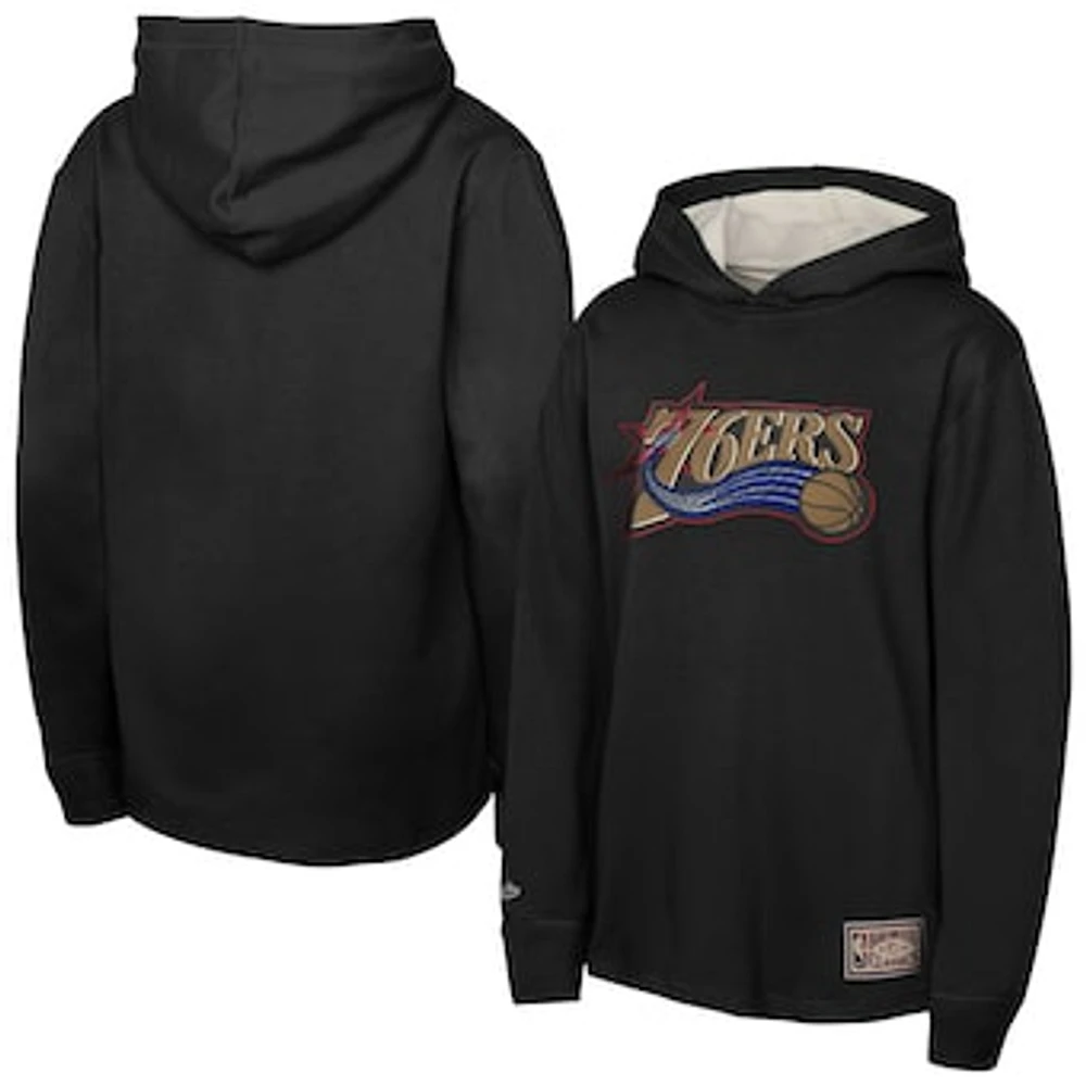 Youth Mitchell & Ness Black Philadelphia 76ers Hardwood Classics Lightweight Thermal Long Sleeve Hoodie T-Shirt