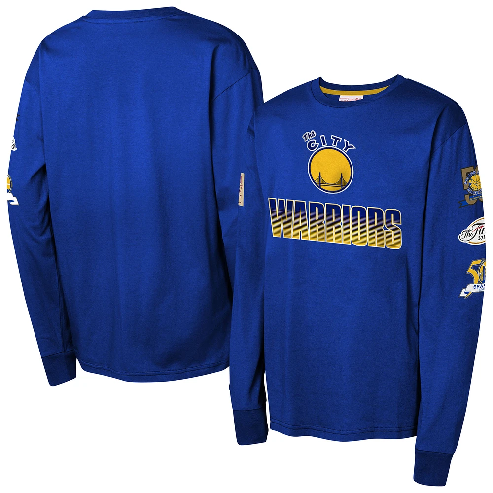 Youth Mitchell & Ness Royal Golden State Warriors  Hardwood Classics All Over Long Sleeve T-Shirt