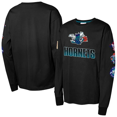 Youth Mitchell & Ness Black Charlotte Hornets Hardwood Classic All Over Long Sleeve T-Shirt