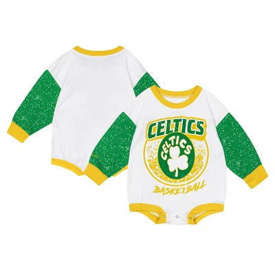 Infant Mitchell & Ness White Boston Celtics Hardwood Classics Posterboard Oversize Long Sleeve Bodysuit