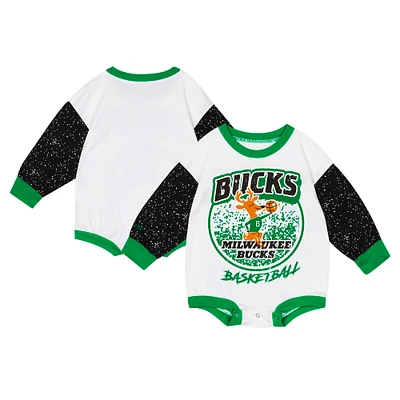 Infant Mitchell & Ness White Milwaukee Bucks Hardwood Classics Posterboard Oversize Long Sleeve Bodysuit