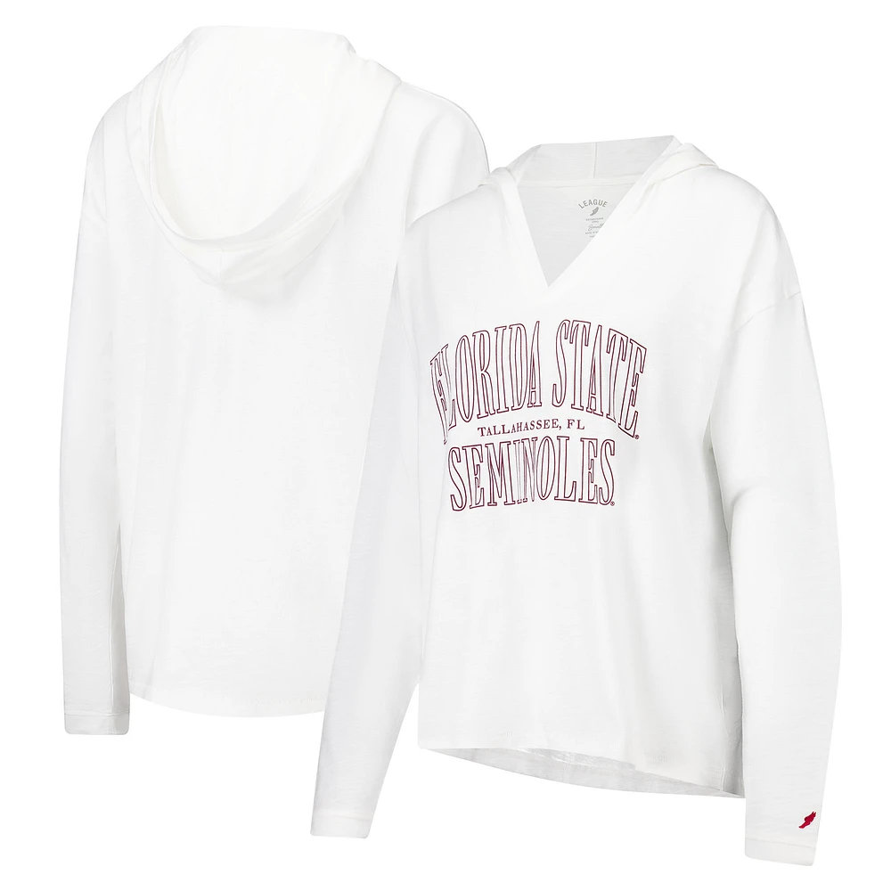 Women's League Collegiate Wear White Florida State Seminoles Slub Long Sleeve V-Neck Hoodie T-Shirt