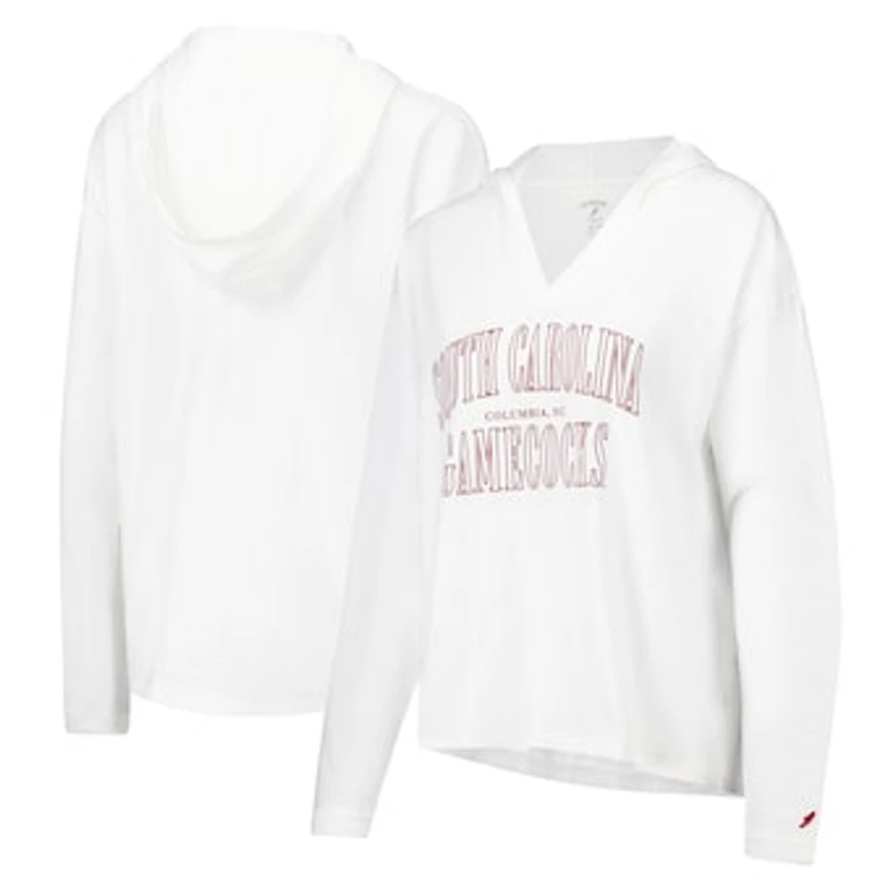 Women's League Collegiate Wear White South Carolina Gamecocks Slub Long Sleeve V-Neck Hoodie T-Shirt