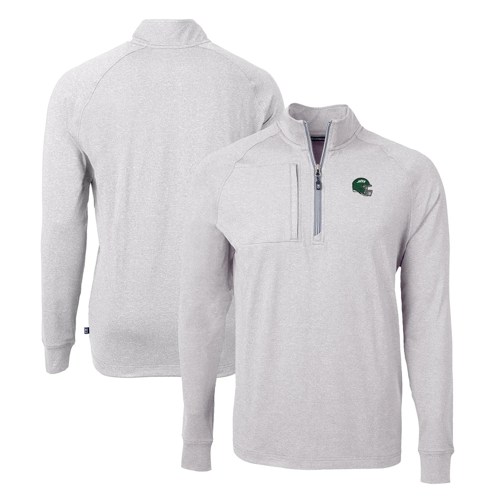 Men's Cutter & Buck Heather Gray New York Jets Helmet Adapt Eco Knit Quarter-Zip Top