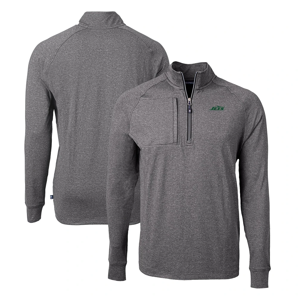 Men's Cutter & Buck Heather New York Jets Primary Logo Adapt Eco Knit Quarter-Zip Top