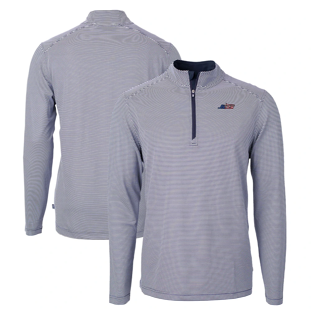 Men's Cutter & Buck Navy/White New York Jets Americana Virtue Eco Pique Micro Stripe Recycled Quarter-Zip Pullover Top