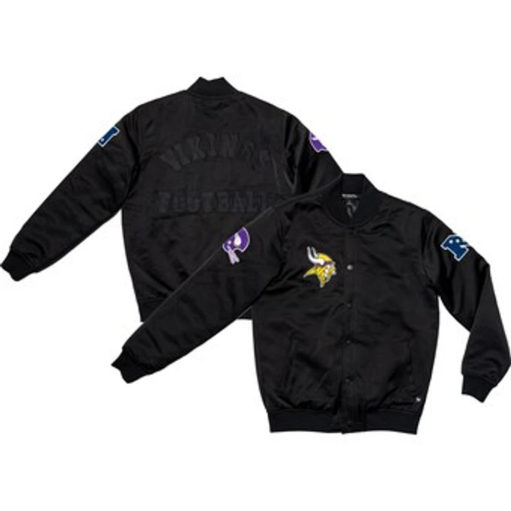 Unisex The Wild Collective Black Minnesota Vikings The Vikings International Collection designed by Leah and Chelsea Full-Snap Satin Bomber Jacket