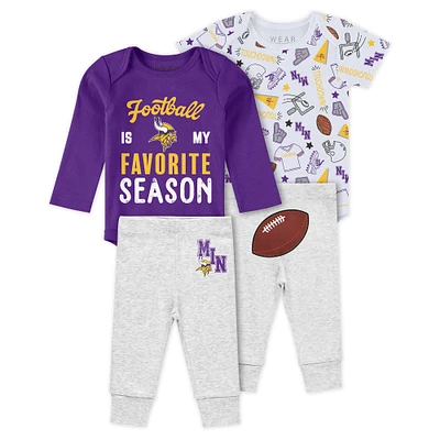 Newborn & Infant WEAR by Erin Andrews Minnesota Vikings Three-Piece Turn Me Around Bodysuits Pant Set