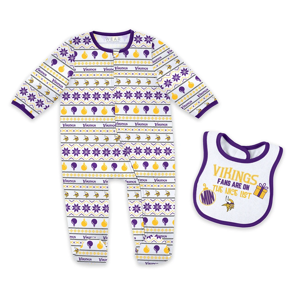 Newborn & Infant WEAR by Erin Andrews Minnesota Vikings Allover Print Full-Zip Sleeper Bib Set