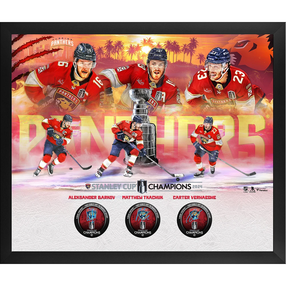 Carter Verhaeghe, Matthew Tkachuk & Aleksander Barkov Florida Panthers Autographed Framed 2024 Stanley Cup Champions Shadowbox with Pucks - Limited Edition #500/500
