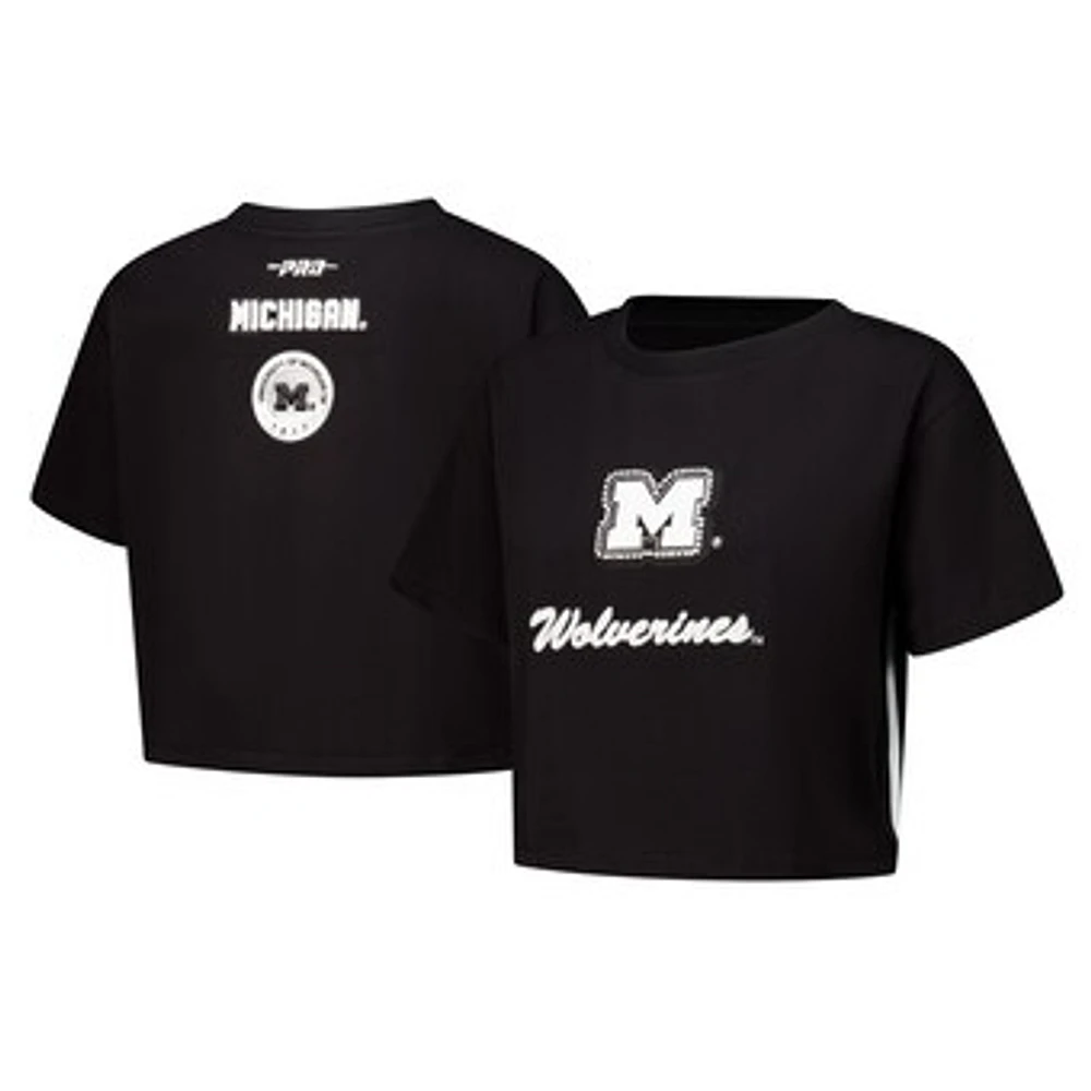 Women's Pro Standard Black Michigan Wolverines Rhinestone & Pearl Boxy Cropped T-Shirt