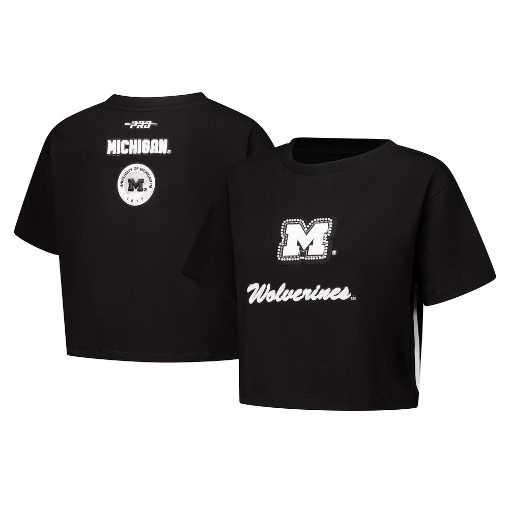 Women's Pro Standard Black Michigan Wolverines Rhinestone & Pearl Boxy Cropped T-Shirt