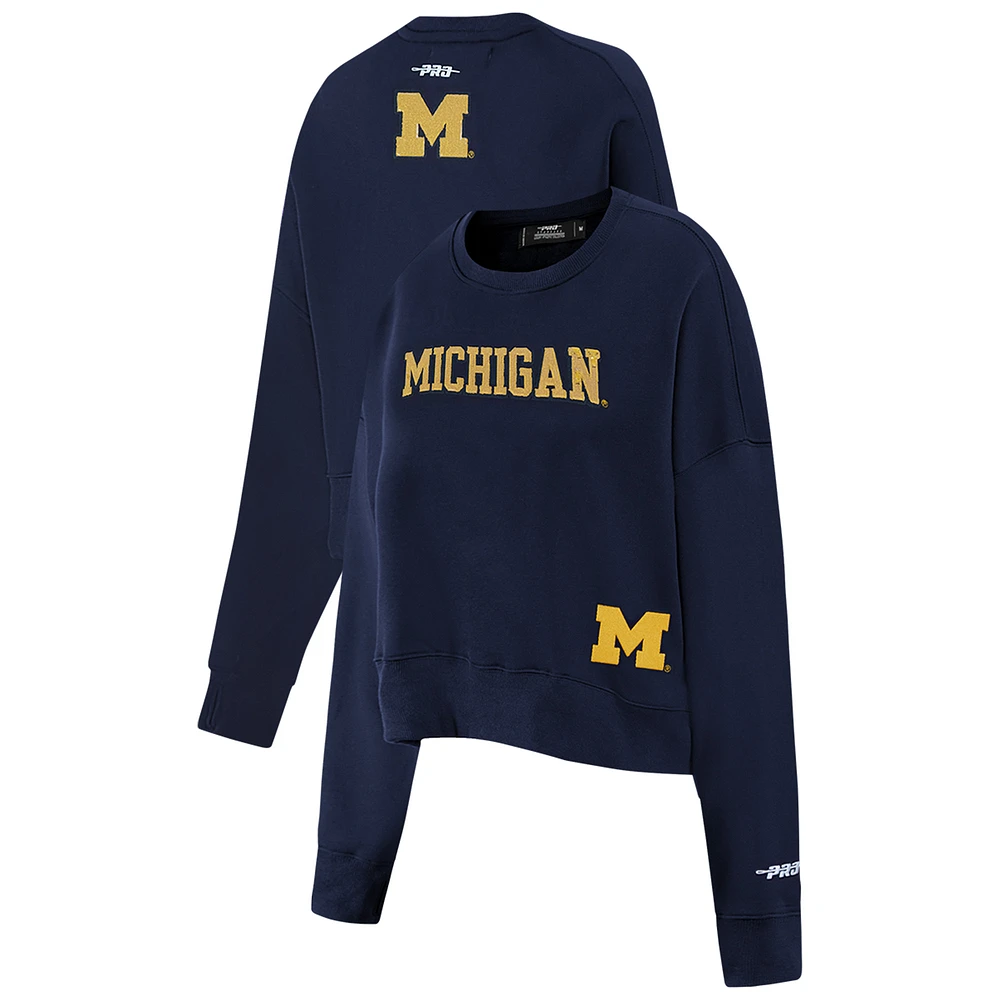 Women's Pro Standard Navy Michigan Wolverines Sequin Boxy Cropped Pullover Sweatshirt