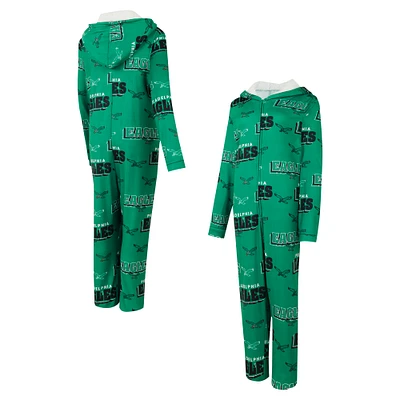 Women's Concepts Sport Kelly Green Philadelphia Eagles Throwback Roadway Allover Print Microfleece Full-Zip Union Suit