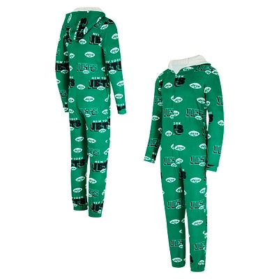 Women's Concepts Sport Kelly Green New York Jets Throwback Roadway Allover Print Microfleece Full-Zip Union Suit