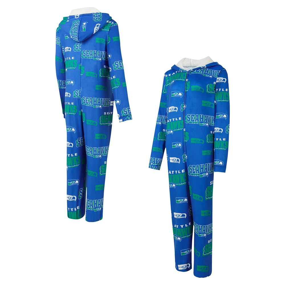 Women's Concepts Sport Royal Seattle Seahawks Throwback Roadway Allover Print Microfleece Full-Zip Union Suit