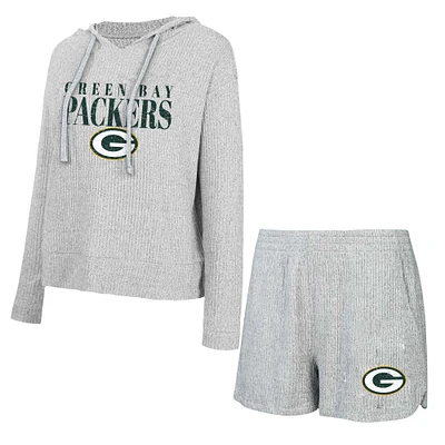 Women's Concepts Sport Gray Green Bay Packers Juniper Long Sleeve Hoodie T-Shirt & Shorts Set