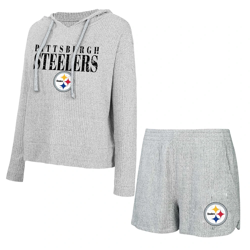 Women's Concepts Sport Gray Pittsburgh Steelers Juniper Long Sleeve Hoodie T-Shirt & Shorts Set