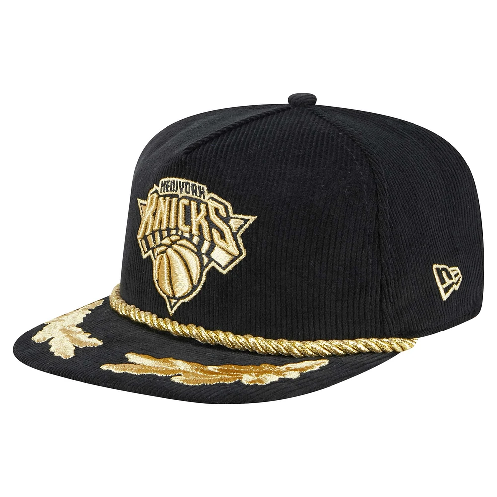 Men's New Era  Black New York Knicks Corduroy Gold Leaf Golfer Snapback Hat