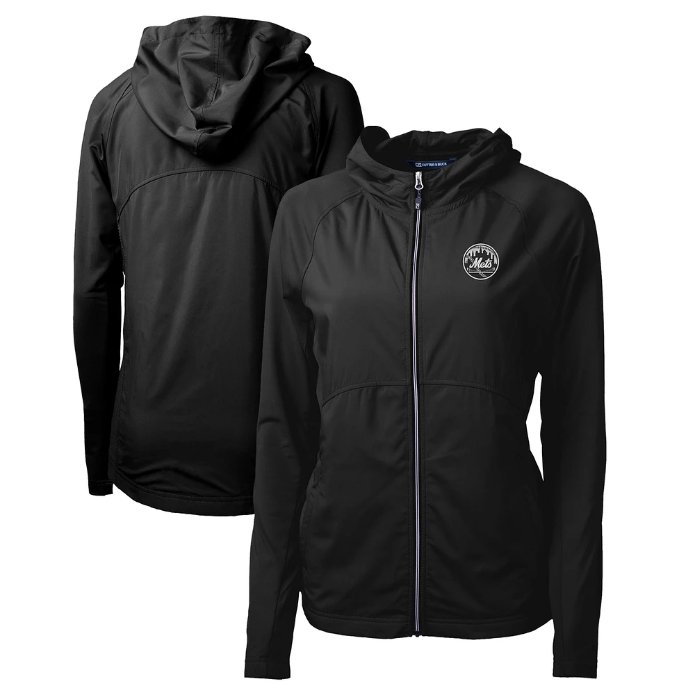 Women's Cutter & Buck Black New York Mets Adapt Eco Knit Hybrid Recycled Raglan Full-Zip Hoodie