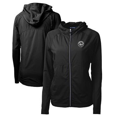 Women's Cutter & Buck Black New York Mets Adapt Eco Knit Hybrid Recycled Raglan Full-Zip Hoodie