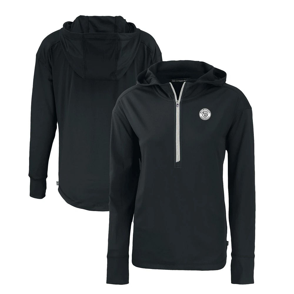 Women's Cutter & Buck Black Milwaukee Brewers Daybreak Eco Recycled Half-Zip Hoodie