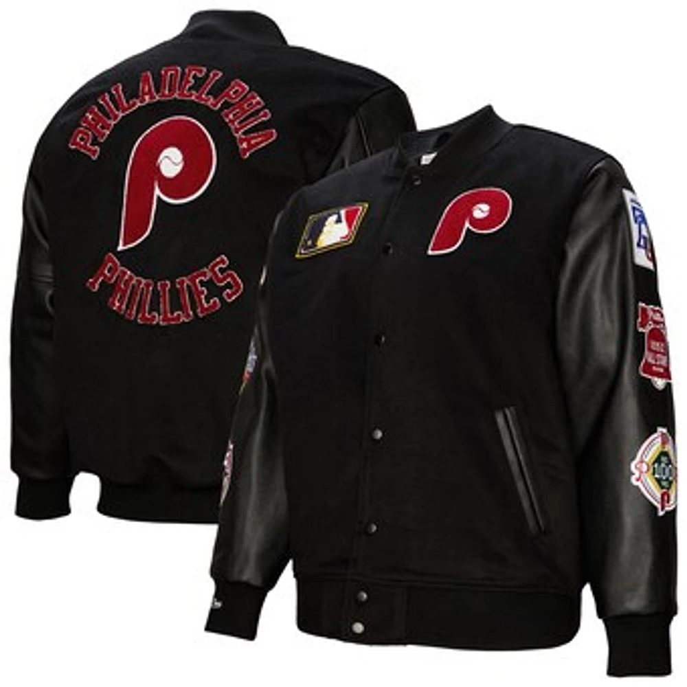 Men's Mitchell & Ness Black Philadelphia Phillies Blackout Collection Full-Snap Varsity Jacket