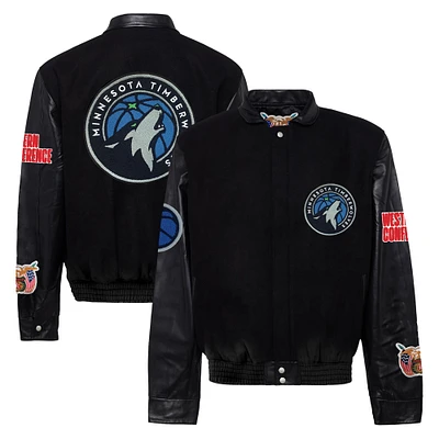 Men's Jeff Hamilton  Black Minnesota Timberwolves Wool & Leather Full-Snap Varsity Jacket