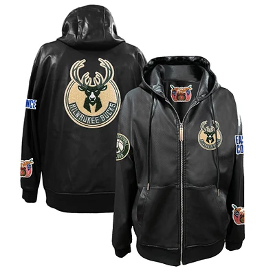 Men's Jeff Hamilton  Black Milwaukee Bucks Vegan Leather Full-Zip Hoodie