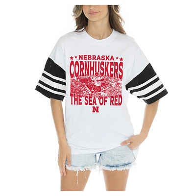 Women's Gameday Couture  White Nebraska Huskers Crowd Pleaser Contrast Sporty Heritage Stripe Oversized T-Shirt