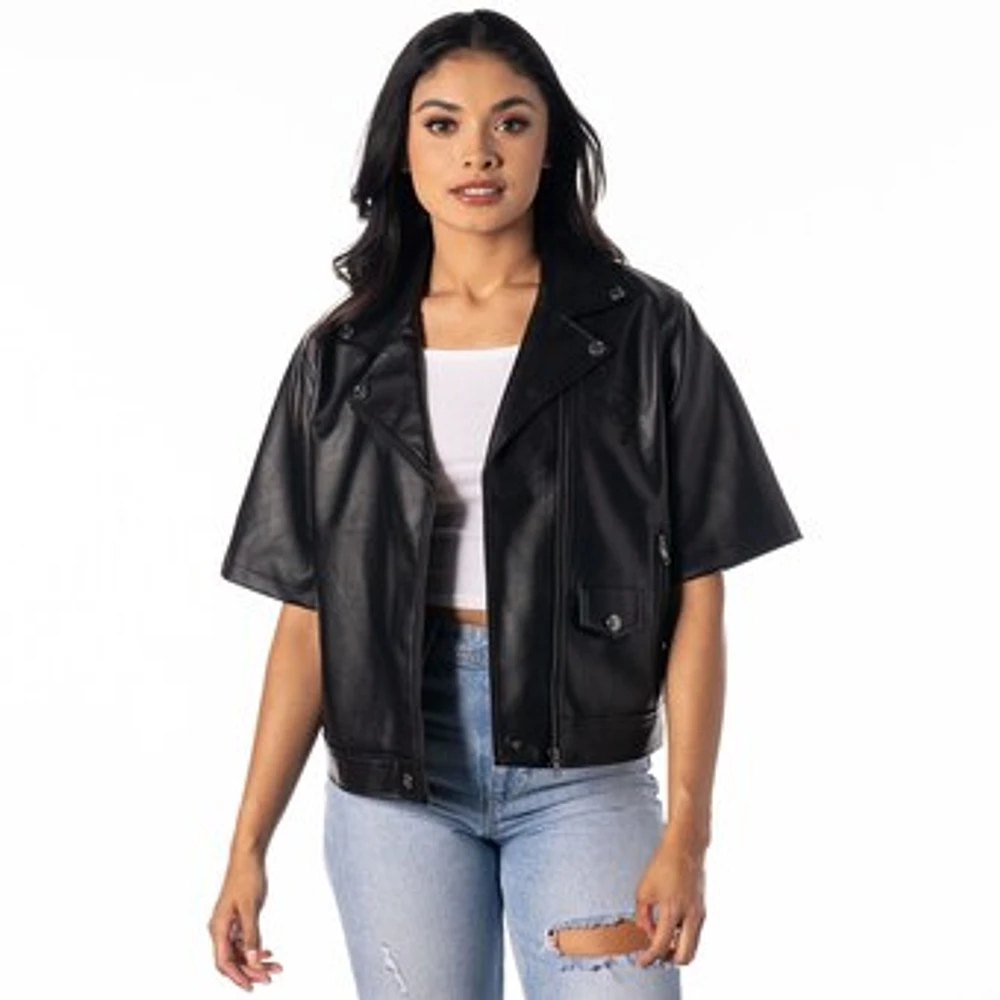 Women's The Wild Collective Black Tampa Bay Buccaneers Faux Leather Moto Short Sleeve Full-Zip Jacket