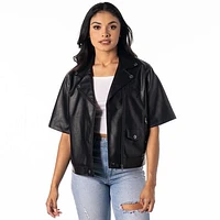 Women's The Wild Collective Black Tampa Bay Buccaneers Faux Leather Moto Short Sleeve Full-Zip Jacket