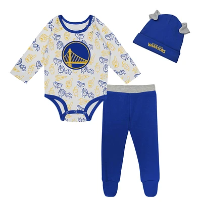 Newborn & Infant Golden State Warriors Little Champ Long Sleeve Bodysuit, Pants Cuffed Knit Hat 3-Piece Set