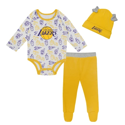 Newborn & Infant Los Angeles Lakers Little Champ Long Sleeve Bodysuit, Pants & Cuffed Knit Hat 3-Piece Set