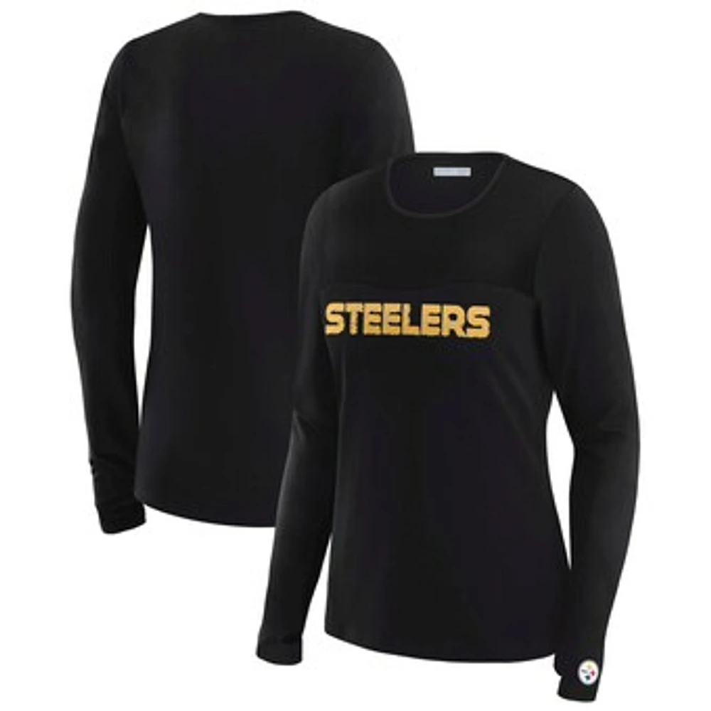 Women's WEAR by Erin Andrews x Gracie Hunt Black Pittsburgh Steelers Mesh Panel Long Sleeve T-Shirt