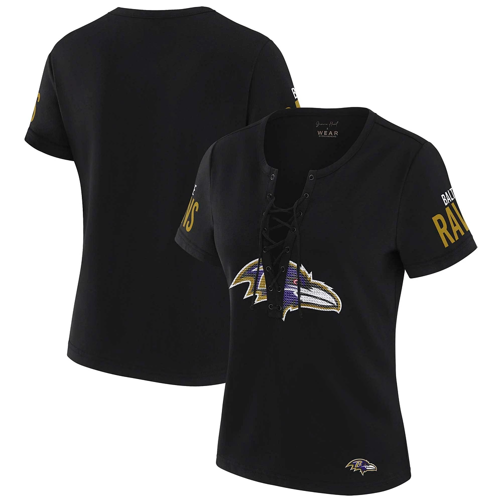 Women's WEAR by Erin Andrews x Gracie Hunt Black Baltimore Ravens Draft Me Lace-Up T-Shirt