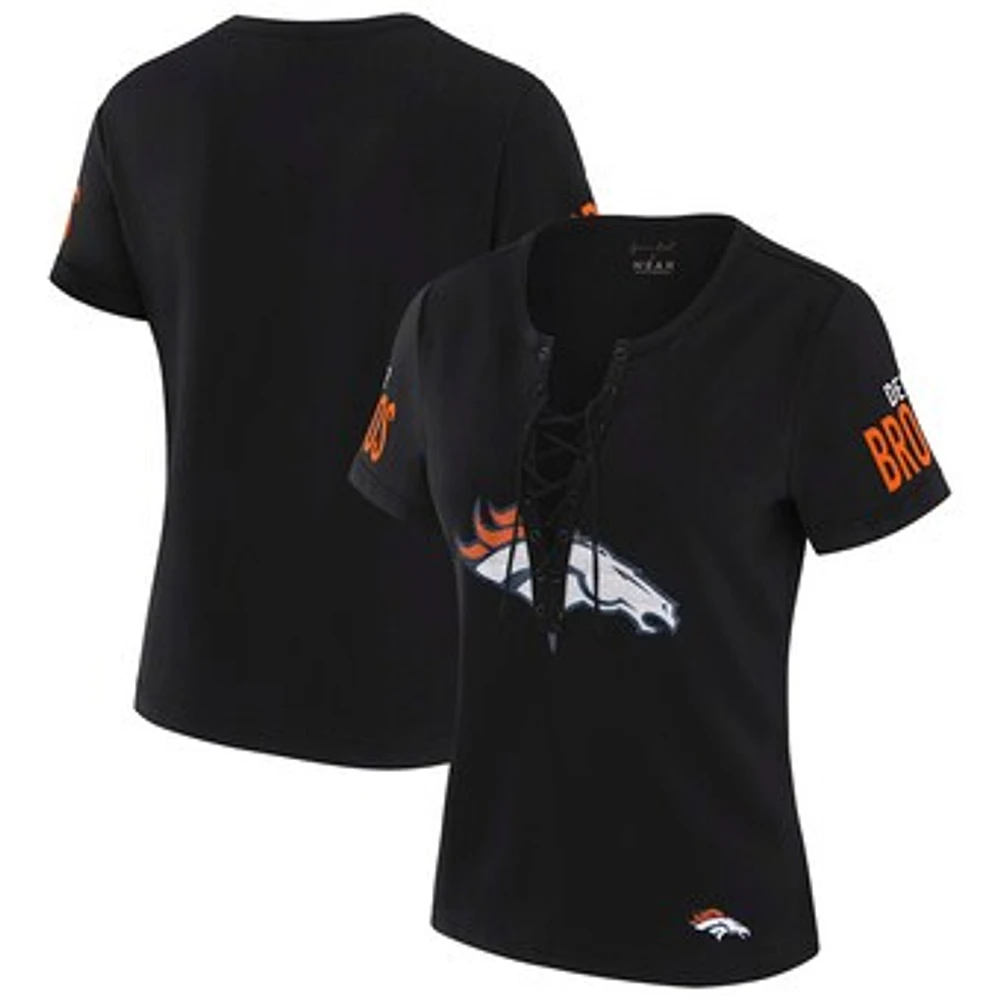 Women's WEAR by Erin Andrews x Gracie Hunt Black Denver Broncos Draft Me Lace-Up T-Shirt